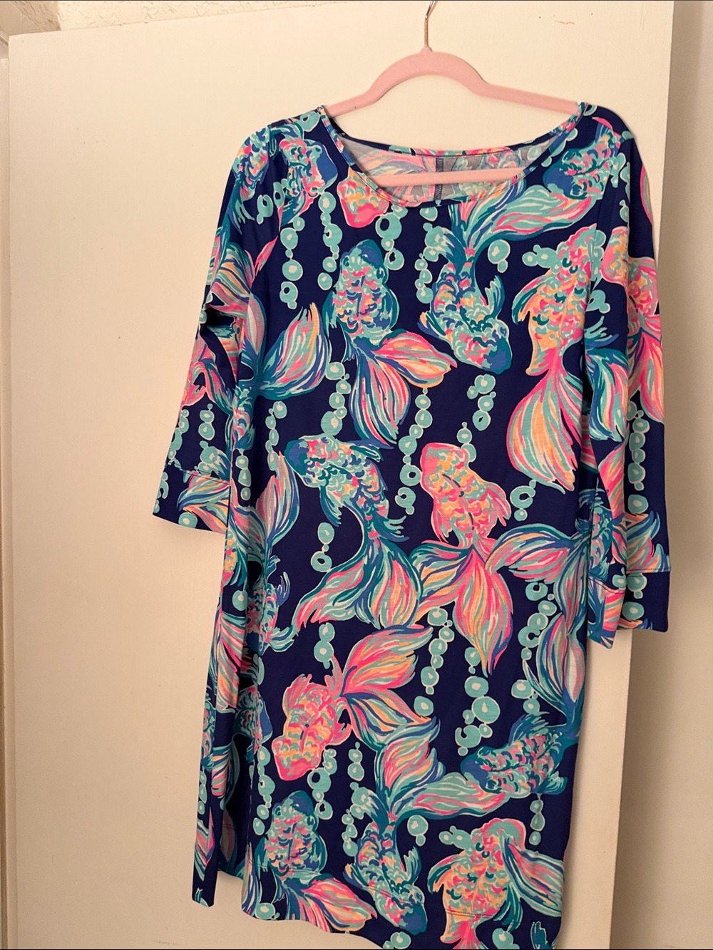 Lilly Pulitzer Navy Shift Dress with Pink & Aqua Floral Fish Print